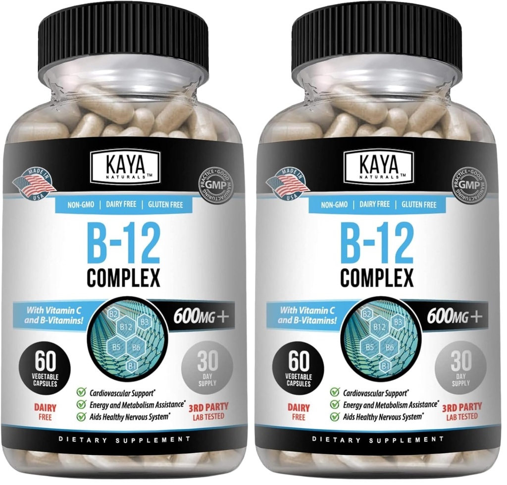Kaya Naturals B-12 Complex | Multivitamin Supplement for Women & Men | Energy and Metabolism Booster | Vitamin Supplement with Biotin, Choline, Inositol, Folate, and Vitamin C – 60 Count (Pack of 2)