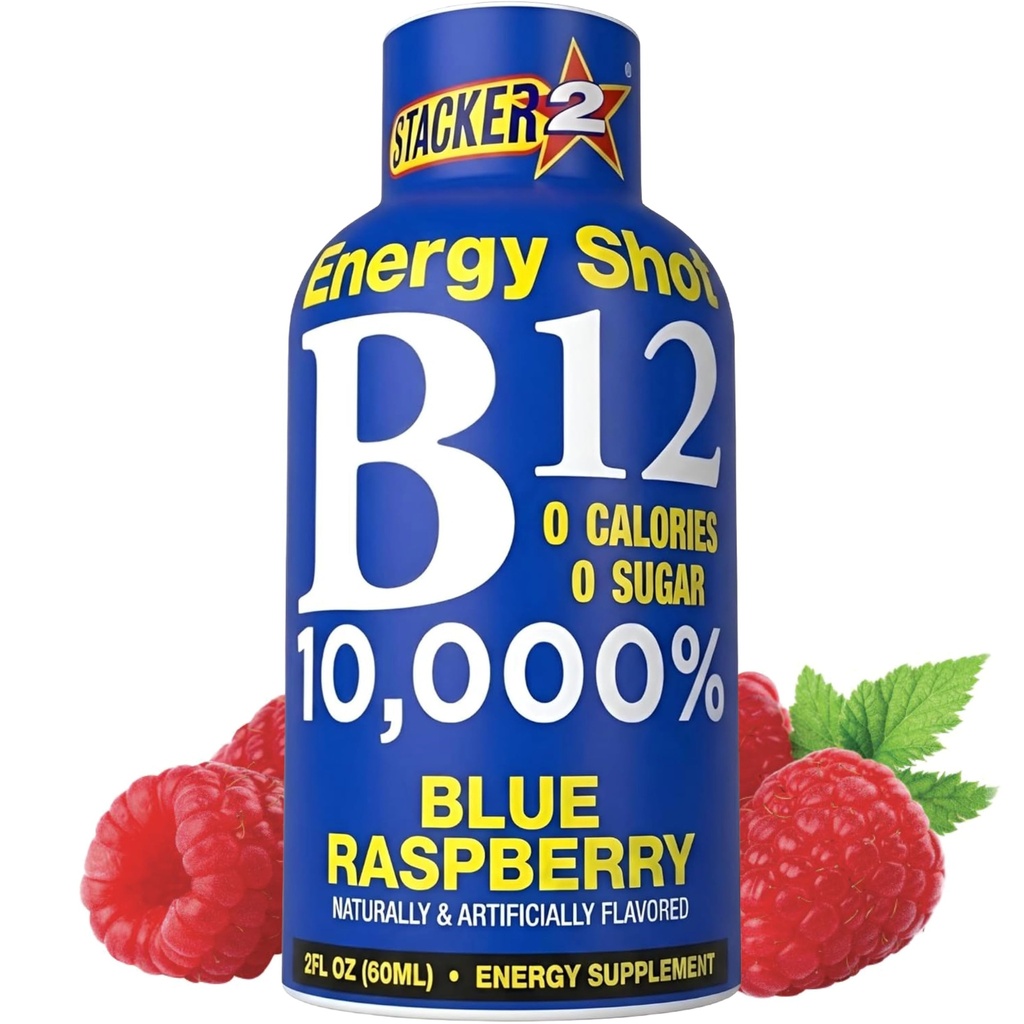 Stacker Vitamin B Complex B12 B6 B3 Liquid Energy Shots - Blue Rasperry Cyanocobalamin, 10,000% DRV - B-6 Pyridoxine 40mg - B3 Niacinamide (Niacin) 20mg - Bundle Pack (2oz, Pack of 24)
