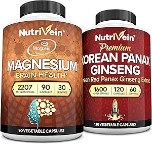 Nutrivein Premium Magnesium L- Threonate & Panax Ginseng Supplement Bundle: High- Absorption Magnesium Threonate og Red Ginseng Supplement Par for hjerne, mad og vitalitet