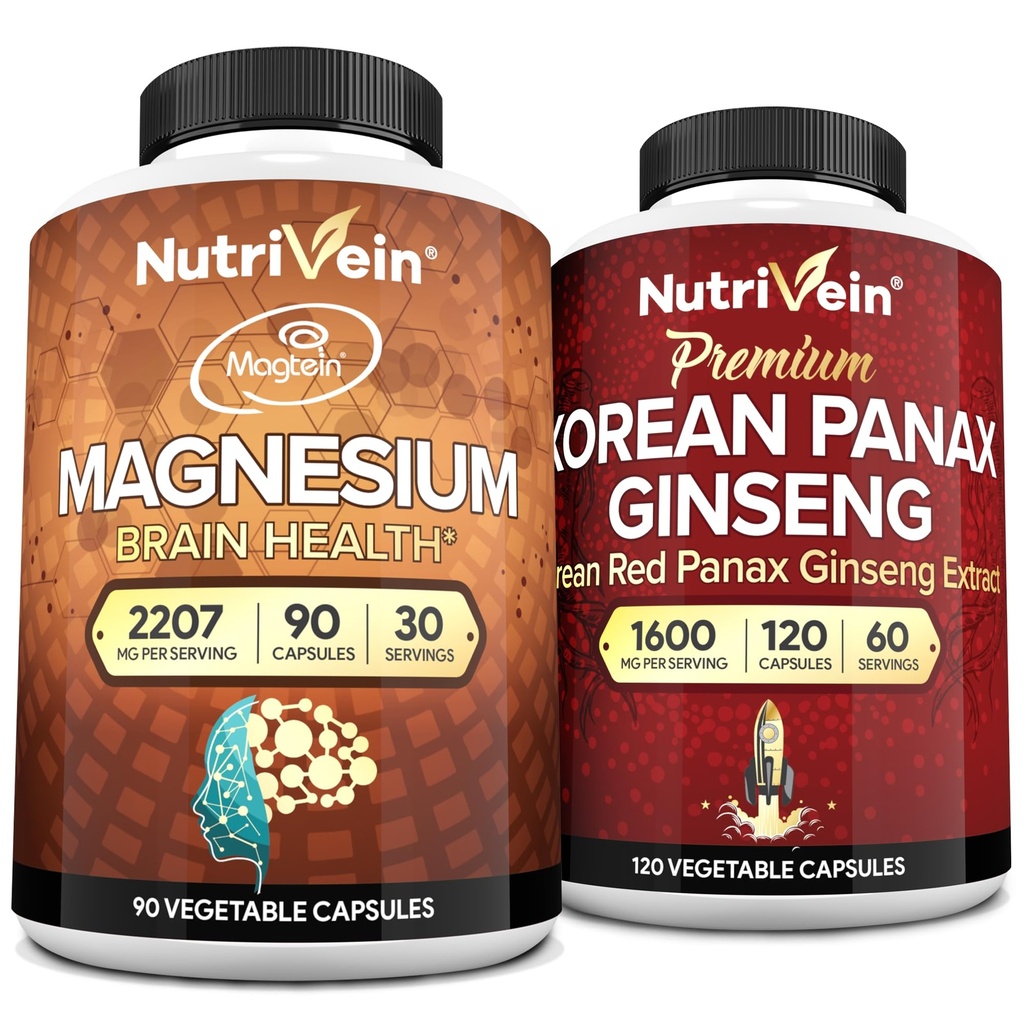 Nutrivein Premium Magnesium L- Threonate & Panax Ginseng Supplement Bundle: High- Absorption Magnesium Threonate og Red Ginseng Supplement Par for hjerne, mad og vitalitet