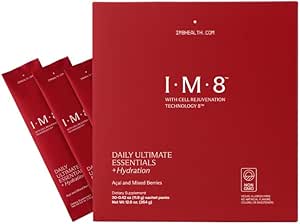 IM8 Daily Ultimate Essentials All- in- One Multivitamin Supplement, 92 Nutrient Rich Ingredienser CoQ10, Probiotika, Vitaminer, Grønne, Gluten Free, Vegan, Acai blandet berry (30 Servere, Rejsepakker)