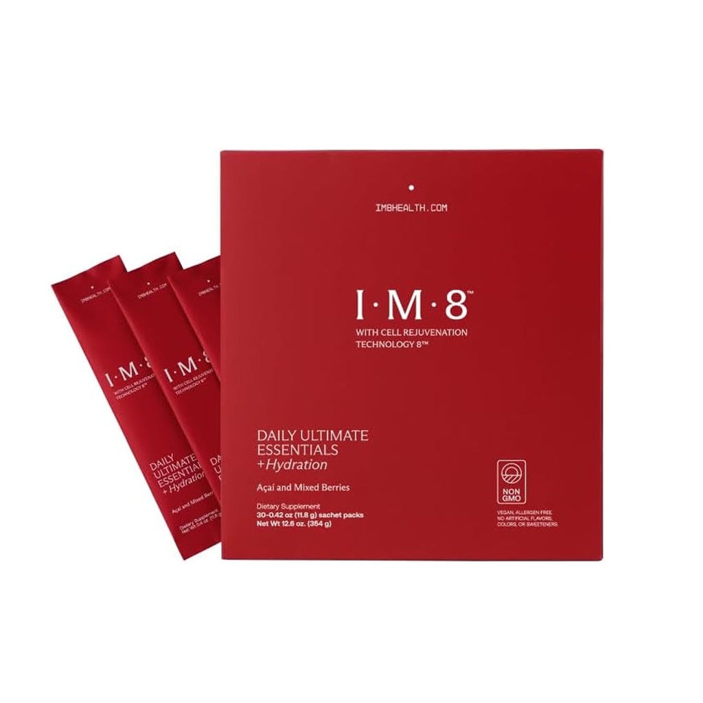 IM8 Daily Ultimate Essentials All- in- One Multivitamin Supplement, 92 Nutrient Rich Ingredienser CoQ10, Probiotika, Vitaminer, Grønne, Gluten Free, Vegan, Acai blandet berry (30 Servere, Rejsepakker)