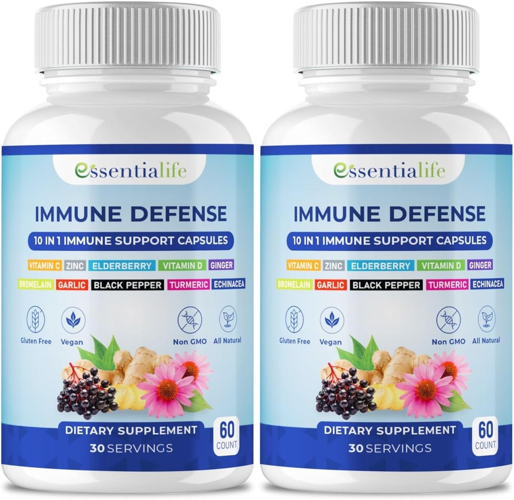 Immun Support Supplement - 2 pakker 10 i 1 Elderberry, Echinacea, D-vitamin, C-vitamin 1000mg & Zink supplement - med immunbooster til voksne - 120 Vitamin kapsler