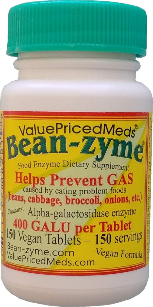Bean- Zyme Gas Relief for voksne Extra Strength (150 ct) er 400 GAUL per tablet Alpha Galactosidase, Vegan, Cost Minus, Digestive Enzyme Kosttilskud Natural Food Enzyme