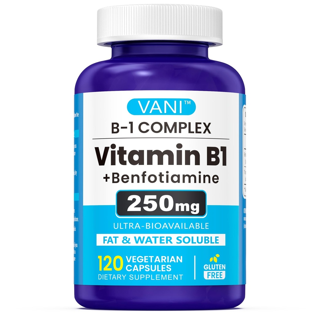 VANI 250mg Vitamin B1 with Benfotiamine, Complex 2 in 1 Enhanced Formula -Fat & Water Soluble Thiamine B1 Supplement | 120 Capsules | Gluten Free