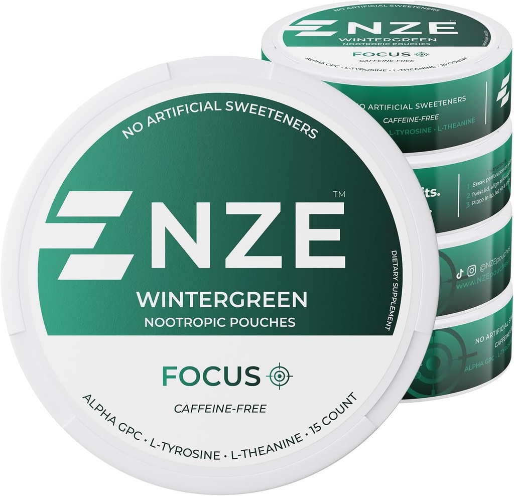 NZE Koffein Free Nootrop Pouches (Wintergreen) - Nootrop Pouches with Alpha GPC, L-Tyrosine & L-Theanine - Ingen sukker eller kunstige sødestoffer - 15 Pouches Per Can - 5 Pack