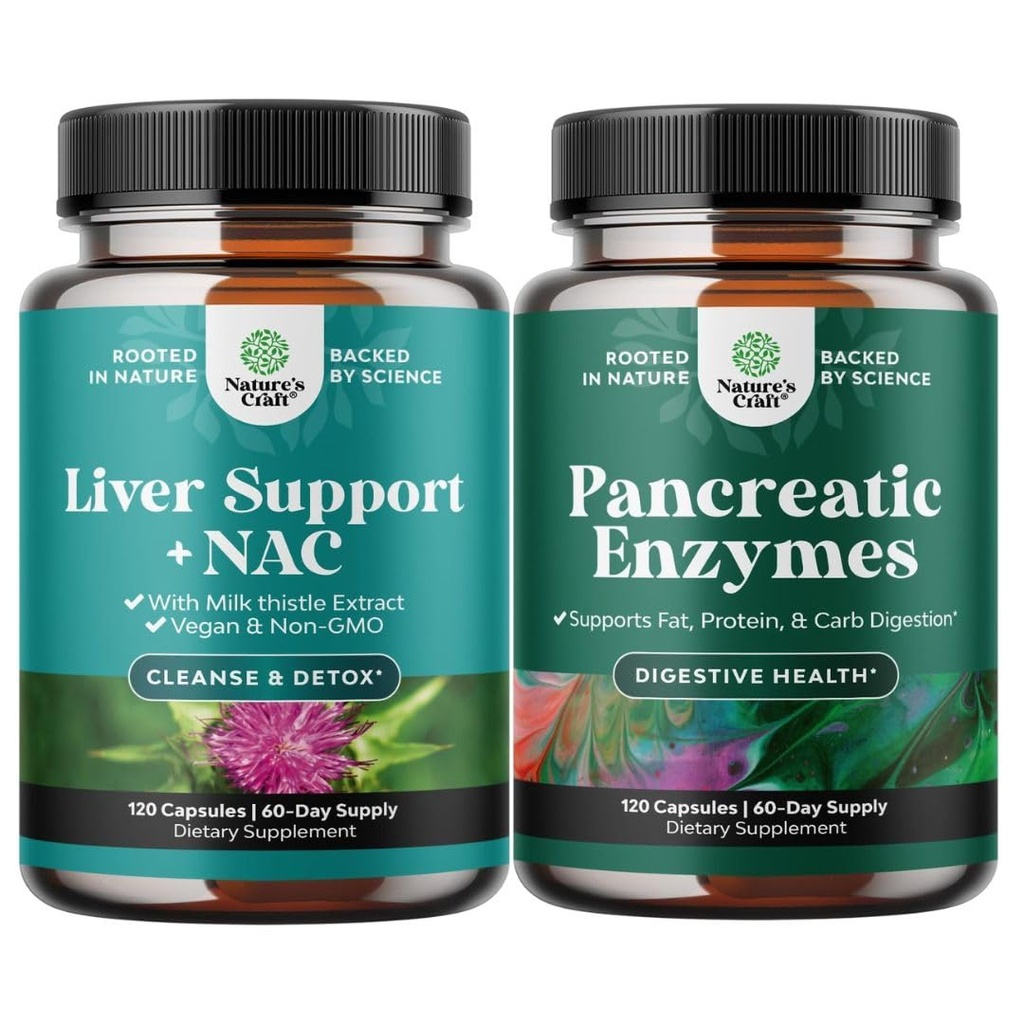 Bundle of Liver Support NAC - N Acetyl Cysteine Antioxidants Turmeric Choline Dandelion & L-Glutathione and Pancreatin Digestive Enzymes for Digestive Health - Protease Amylase & Lipase Digestion
