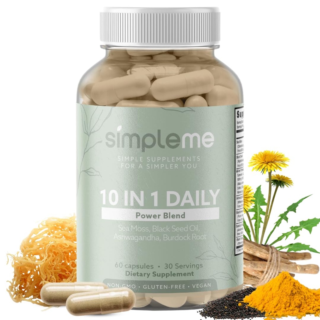 Burdock Root Organic og Bladderwrack 10 i 1 Immunity Booster Power Blend med Irish Sea Moss, Ashwagandha og Black Seed Supplement for mænd og kvinder, Seamoss Pills Herbal, Vegan - 60 Kapsler
