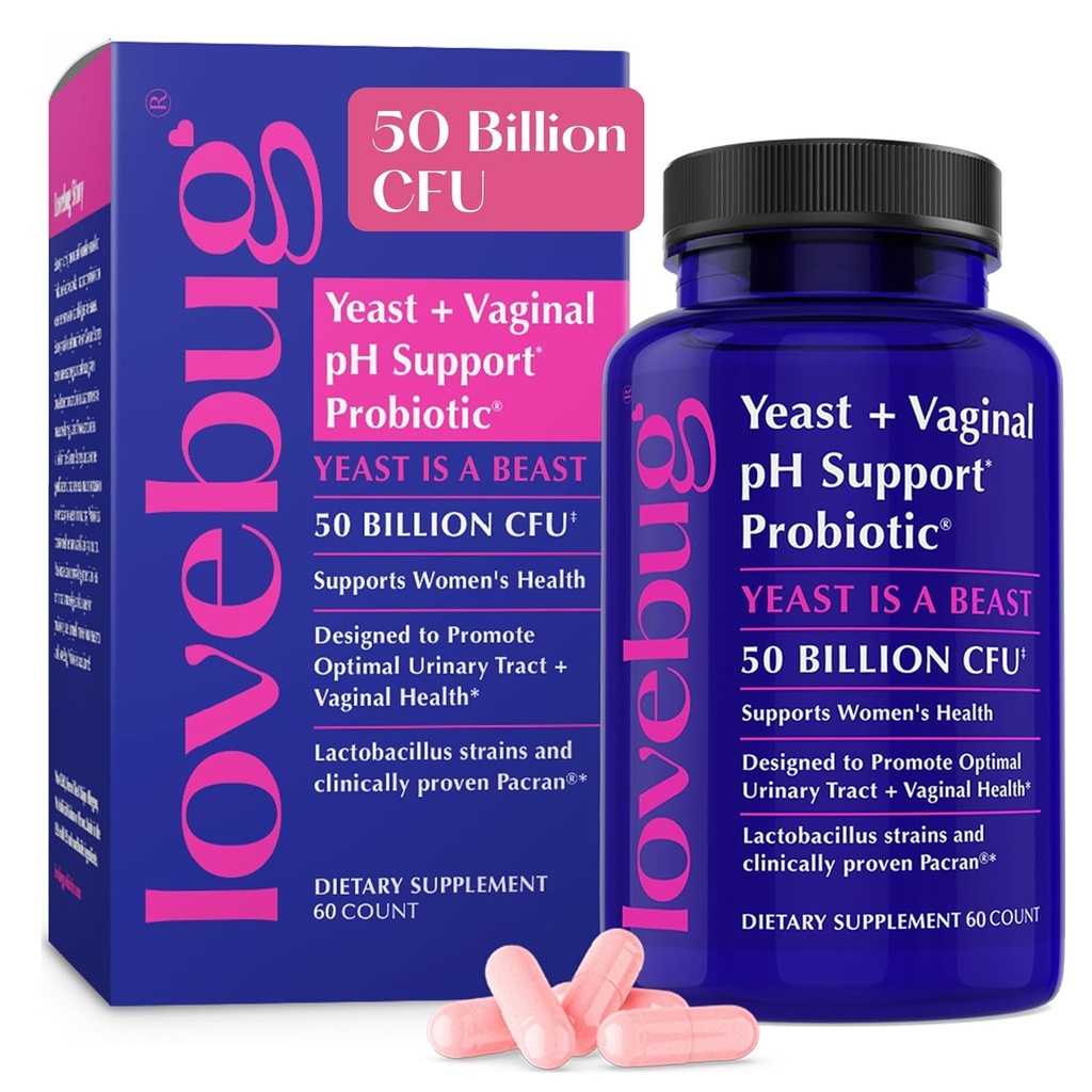 Lovebug Gær og Vaginal Probiotika for kvinder pH Balance & Urinary Tract, 50 Millioner CFU, UTI, BV, Odor Support med Lactobacillus, Bifidobacterium, fordøjelig & vaginal sundhed Supplement 60 Kapsler