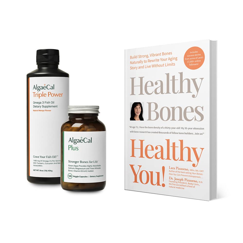 ALGAECAL Bundle - Calcium tillæg med D-vitamin + K2, Mag, Boron & Omega 3 Fish Oil med EPA & DHA og bog af Lara Pizzorno Sunde Bones Sunde dig, at øge knogleresultat