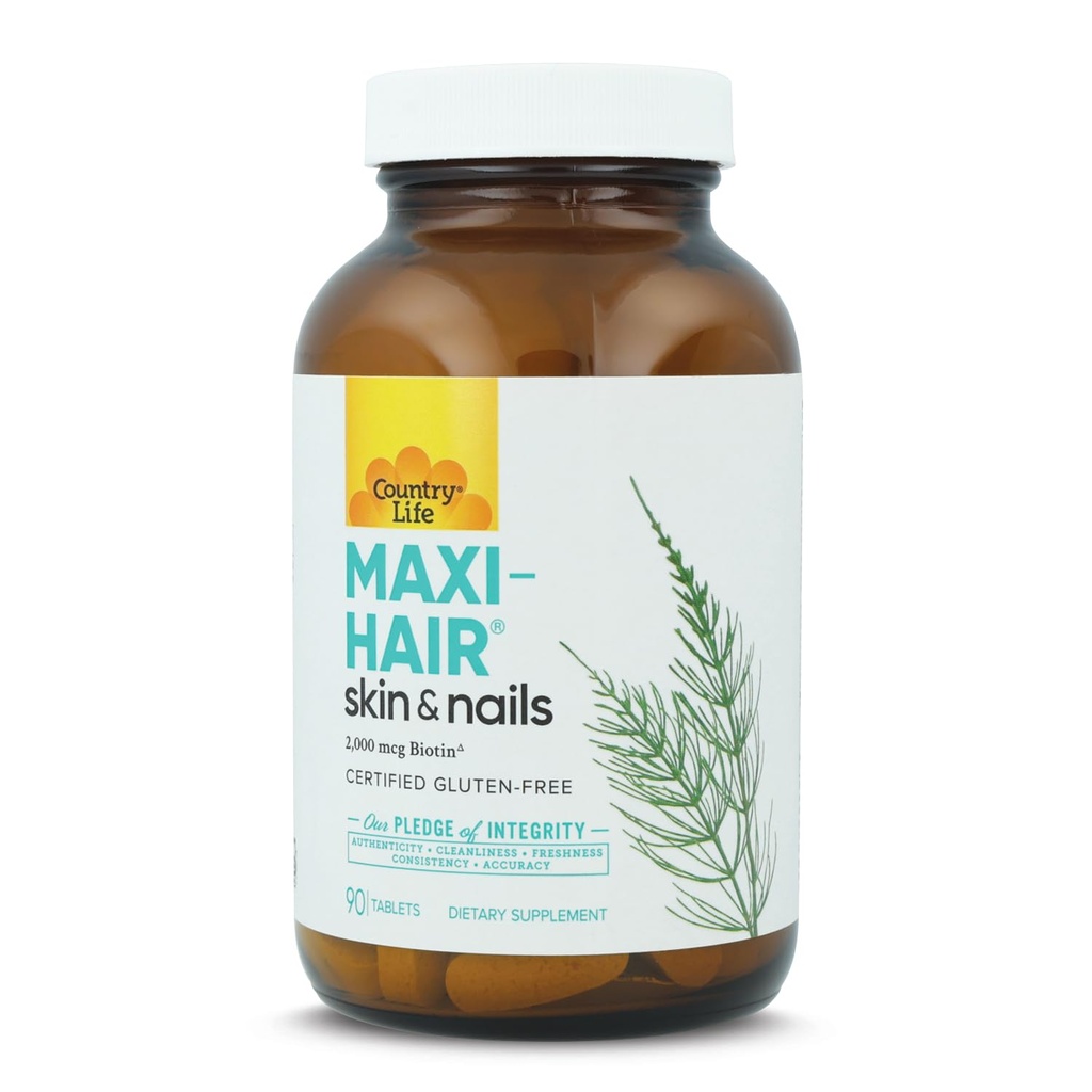 Country Life Maxi-Hair-Skin & Nails-2,000 mcg of Biotin, PABA Free, 90 Tablet