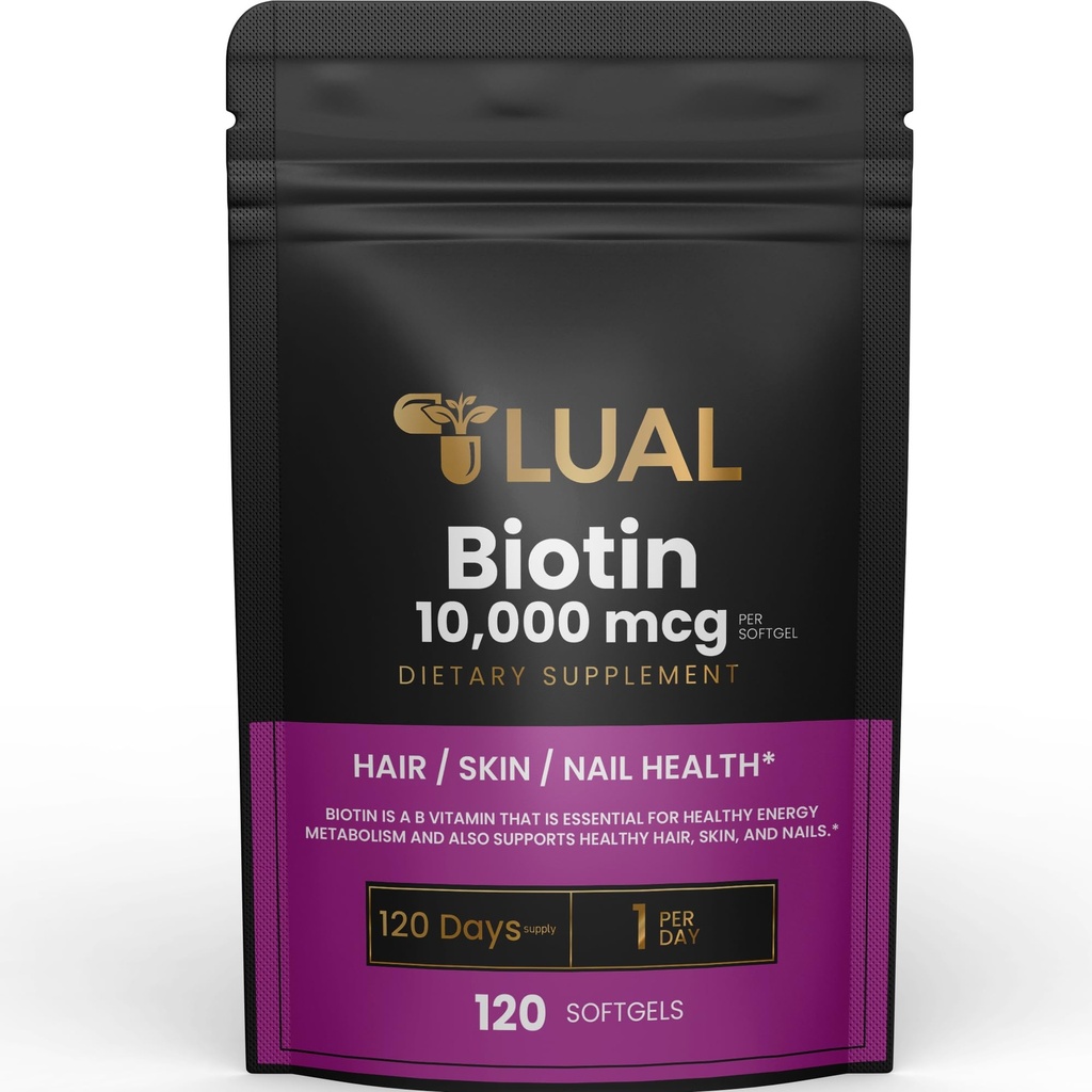 LUAL Biotin 10,000 mcg Hair Skin and Nails Biotin Hair/Skin/Nail Health 10,000 mcg - 120 SoftGels