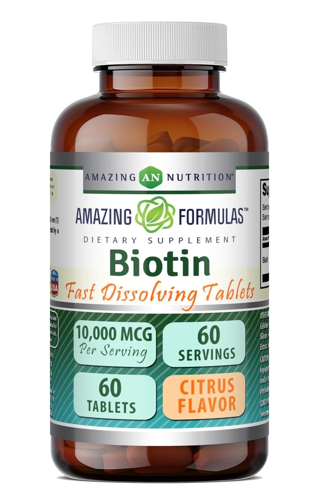 Amazing Formulas Biotin 10,000 mcg | Fast Dissolve Tablets | Non-GMO | Gluten Free Supplement | Made in USA (60 Count, Citrus)