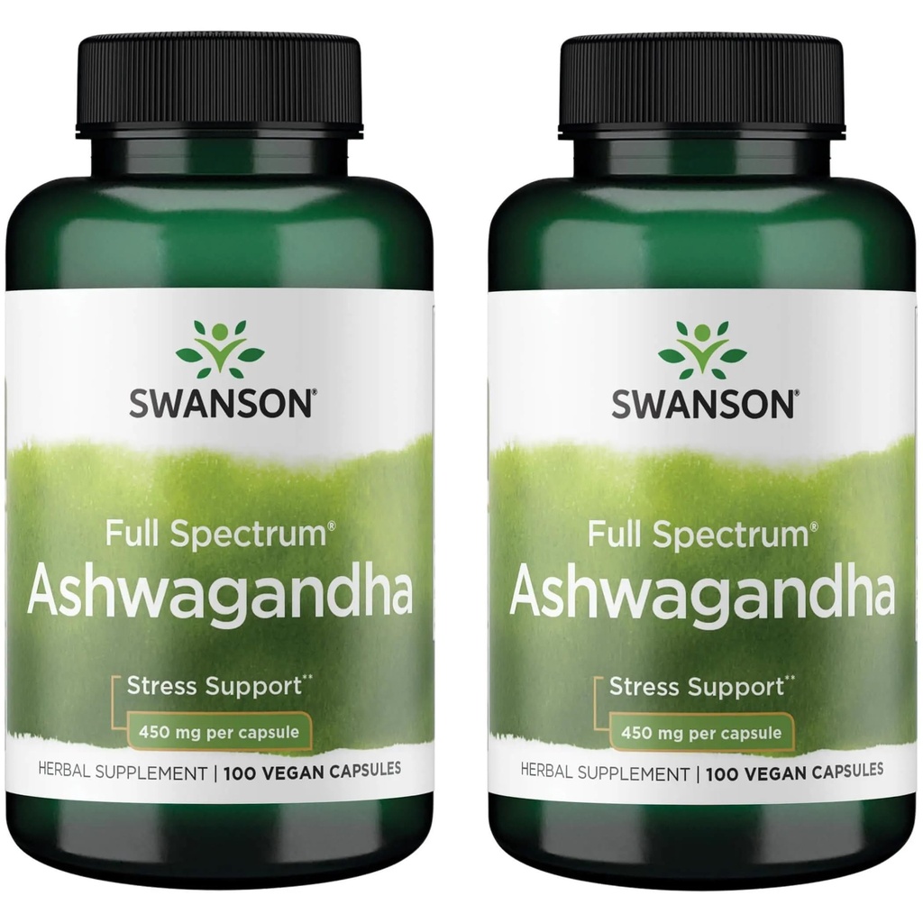 Swanson Ashwagandha Powder Supplement - med Ashwagandha Root til at fremme stress Relief & Energy - Ayurvedic Supplement for naturlige wellness (100 kapsler, 450mg hver) 2 pakke