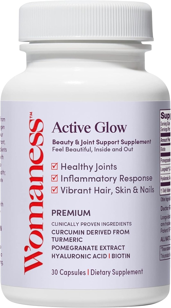 Womaness Active Glow Hår Hud og negle Vitaminer - Biotin, Longvida Curcumin & Hyaluronsyre Kosttilskud til fælles sundhed, tør hud & synkende hår (30 kapsler)