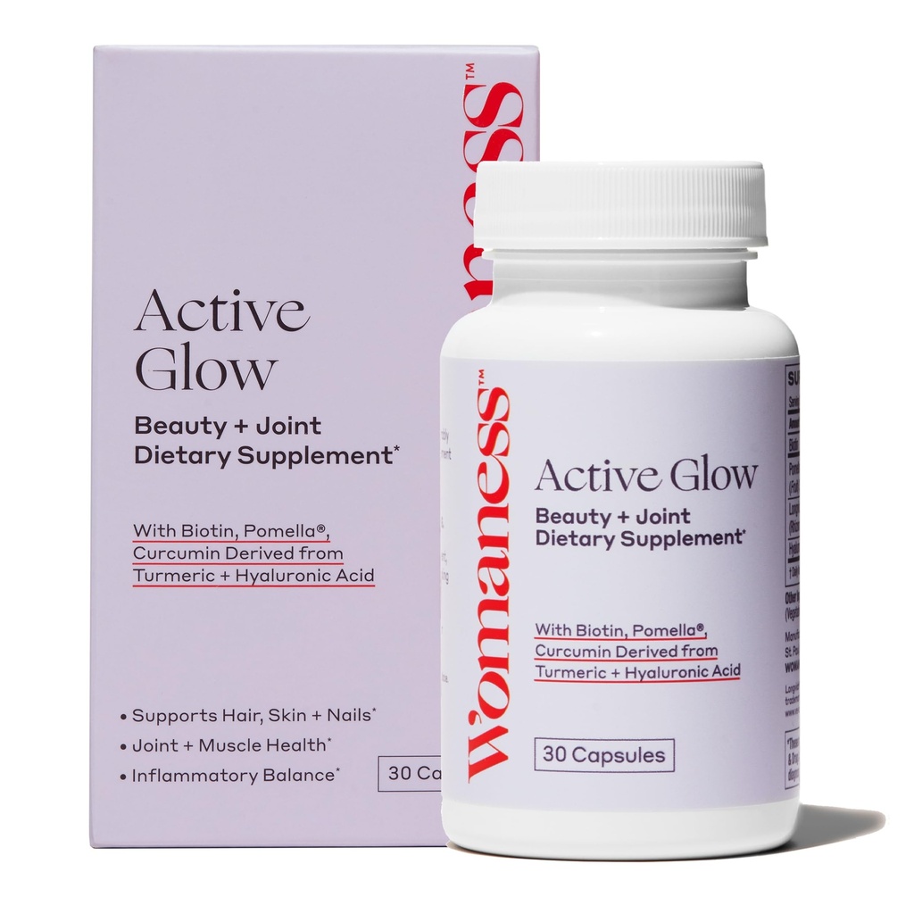 Womaness Active Glow Hår Hud og negle Vitaminer - Biotin, Longvida Curcumin & Hyaluronsyre Kosttilskud til fælles sundhed, tør hud & synkende hår (30 kapsler)