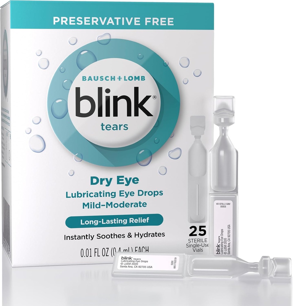 Blink Tårer Smøremiddel øjendråber Konserveringsfri, fugtgivende & lindrende for Mild til moderat tørøje, med Hyaluronate, Reducerer discomfort, Long- Lasting Hydration, 0,01 Single- Use Vials, 25 Greve