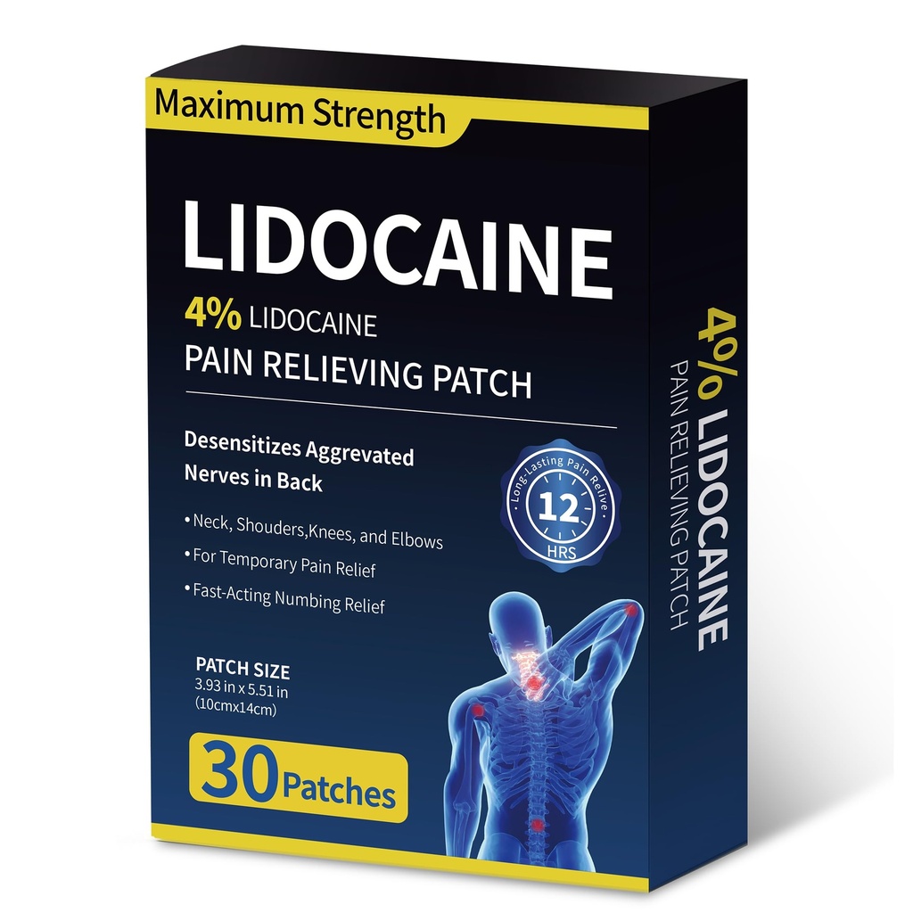 4% Lidocaine Pain Relief Patches - (Large, 30, Count) Maximum Strength Relief for Back, Neck, Shoulder, Joint & Muscle Pain, 3.9”x 5.5”-30H
