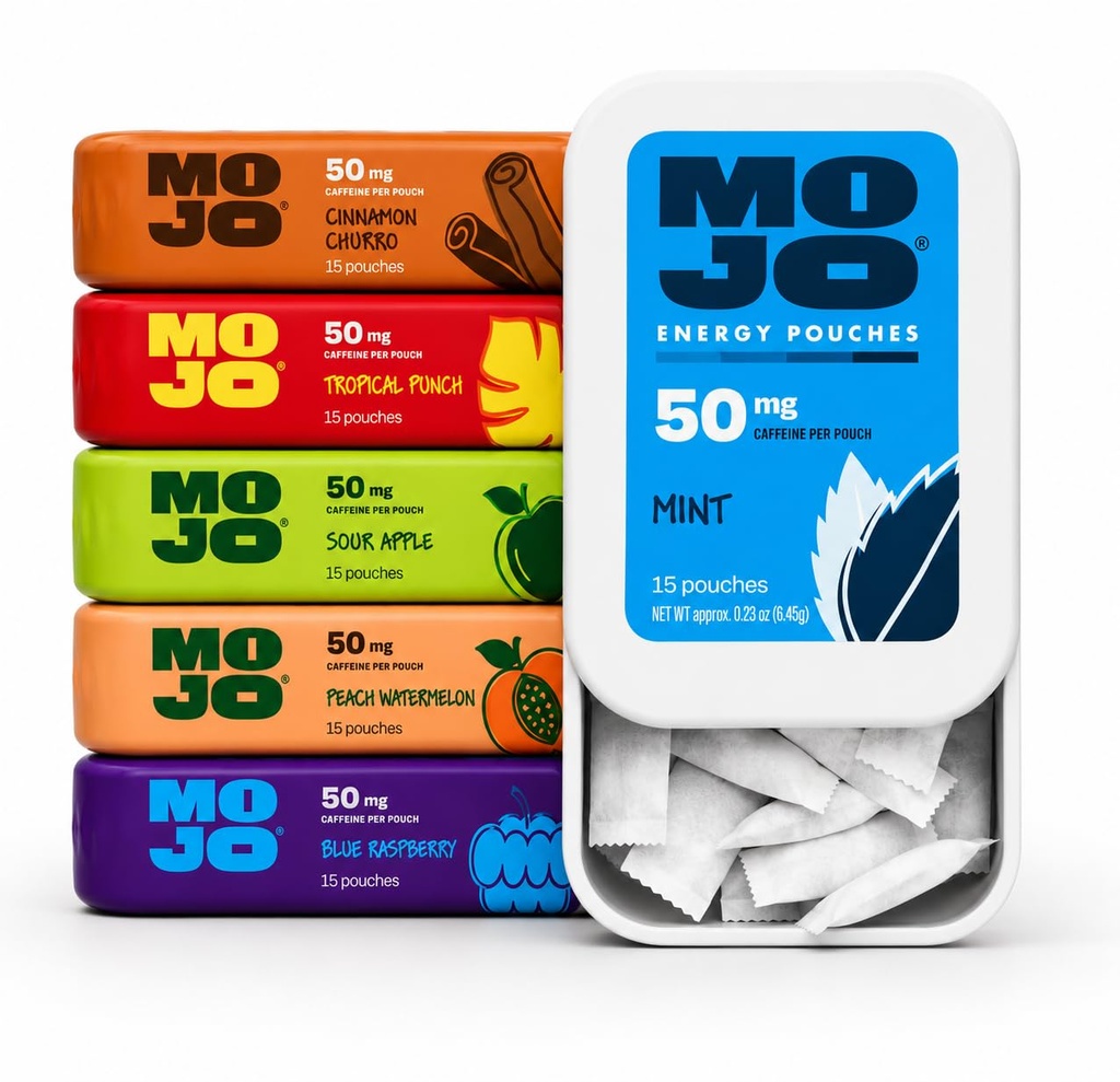 MOJO Energy 50mg Caffeine Pouches, Variety Pack, 15 Pouches, 6-Pack | Flavors: Peach Watermelon, Blue Raspberry, Mint, Tropical Punch, Sour Apple and Cinnamon Churro