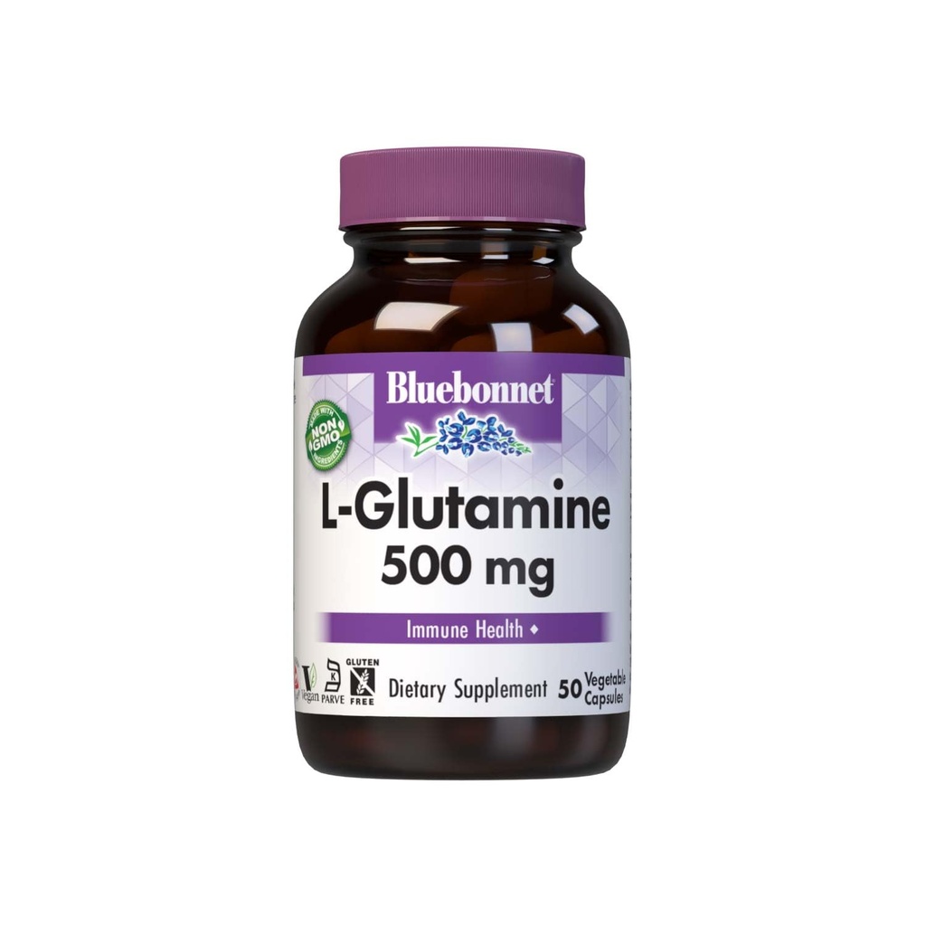 Bluebonnet Nutrition L- Glutamin 500mg, Understøtter immunfunktion, Nitrogen Transporter, Soy & Gluten- Free, Non- GMO, Kosher Certified, Vegan, 50 Vegetabilske kapsler, Hvid, 50 Greve