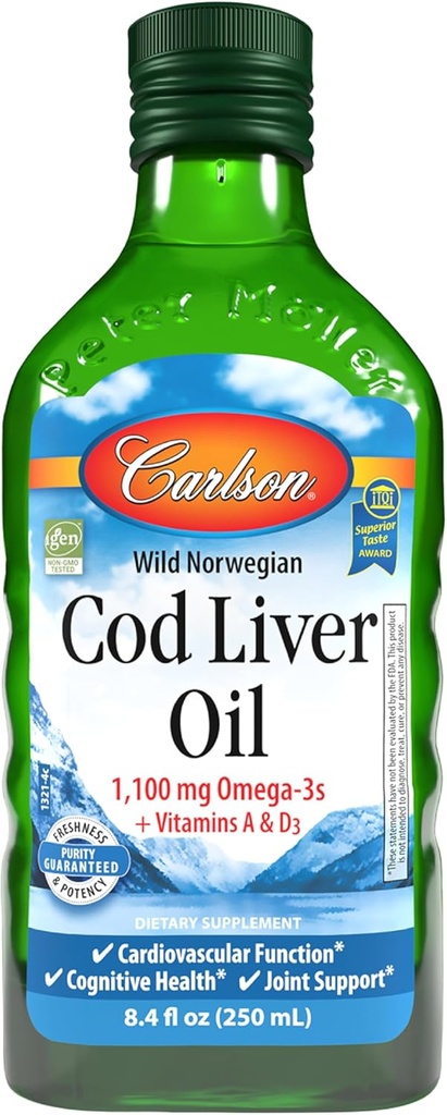 Carlson - Cod Lever Oil 1100 mg Omega- 3s Plus Vitaminer A & D3 - Wild Caught EPA DHA Omega 3 Supplement - Norwegian Arctic, Sustainable Sourced Nordic Fish Oil Liquid, Unflavored, 250 ml (8.4 Fl Oz)