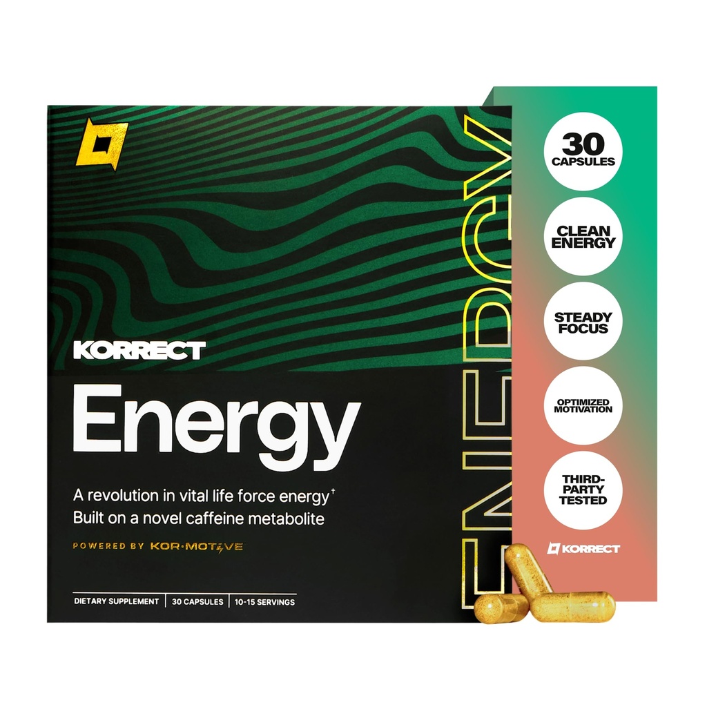 Korrect Energy Paraxanthine Supplement | Clean Energy & Focus Support | Caffeine Alternative for Mental Clarity & Jitter-Free Stamina | Vegan, Gluten Free, Non-GMO | 30 Capsules