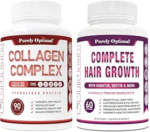 Purely Optimal Premium Multi Collagen Peptides Capsules (Types I, II, III, V, X) + Premium Hair Growth for Women & Men - Hair Growth Vitamins w/Biotin & Keratin