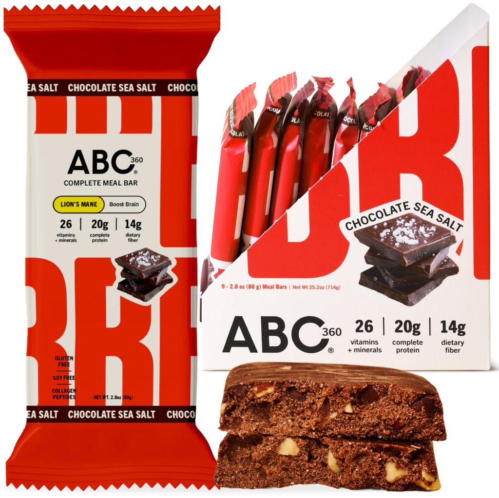 ABC 360 High Protein Meal Replacement Bars | Marine Collagen Peptides + Plant Protein Bar | 26 Vitamins & Minerals, Whey Free | Chocolate Sea Salt with Lion’s Mane – 9 Pack (9 x 80g)