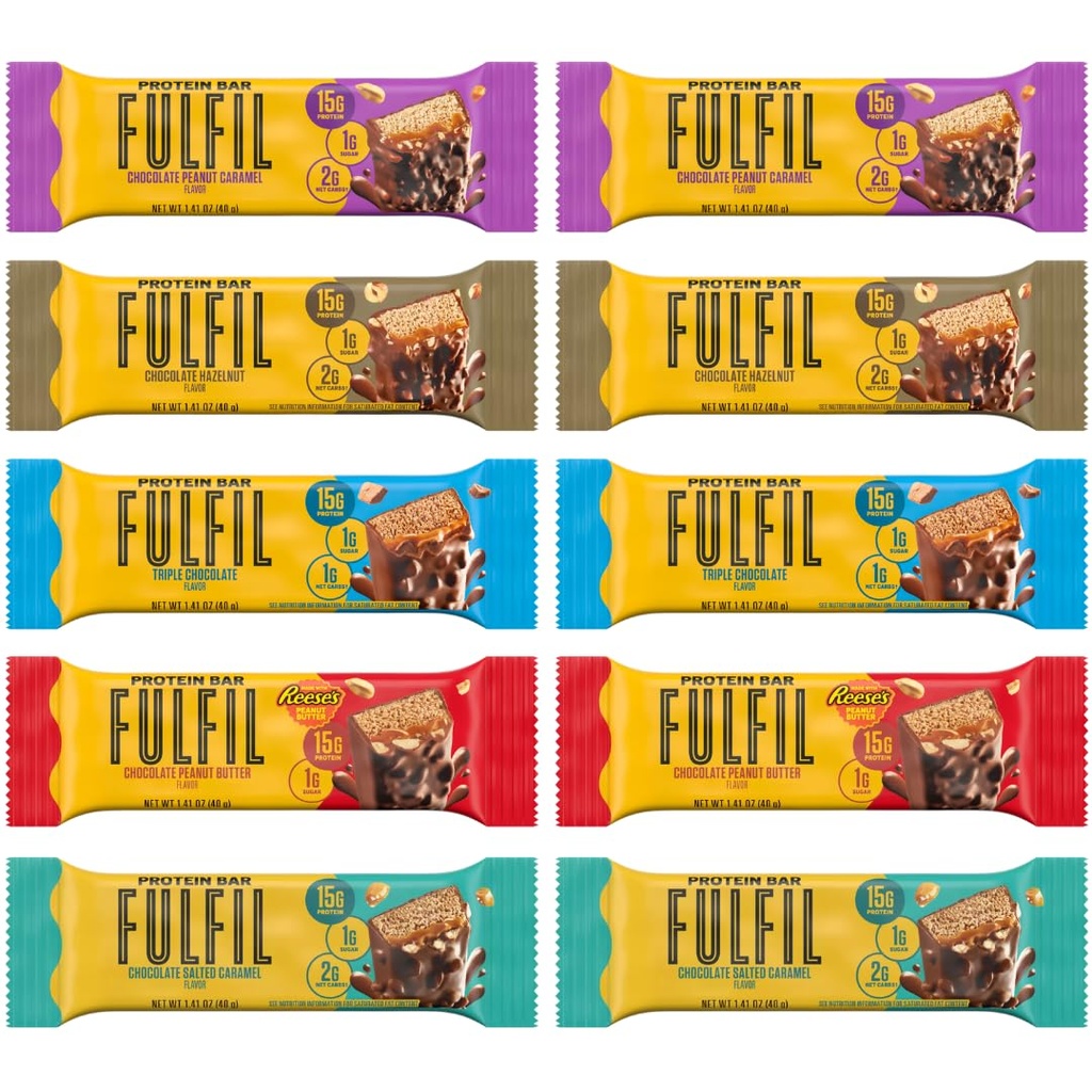 Fulfil Protein Bars Variety – 10-Pack, Gluten Free with 15g Protein 5 Flavors: Choc Hazelnut, Chocolate Salted Caramel, Chocolate Peanut Caramel, Triple Chocolate & Resse’s Chocolate Peanut Butter – Perfect Snack, Dessert, Gift & Party Treats