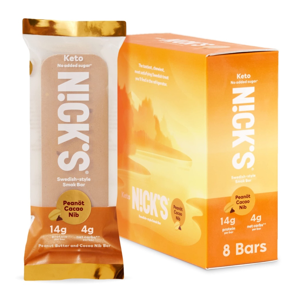 Nick's Smak Bar, Protein Bar, Peanut Cacao Nib, Eat Cold, No Added Sugar, Protein Keto Snack, 14g Protein, 6g net carbs, 8 Count