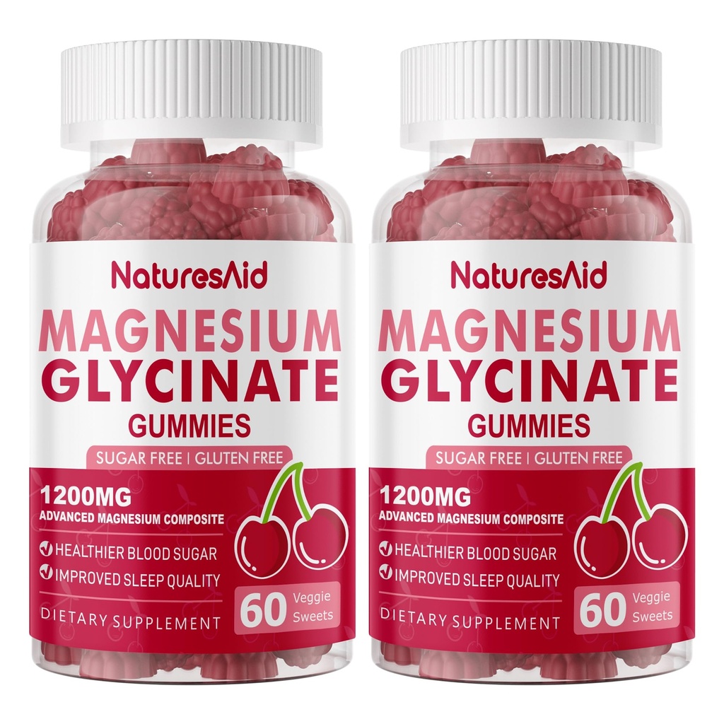 Magnesium Glycinate Gummies 1000mg - Sugar Free Magnesium Kalium Supplement med D-vitamin, B6, CoQ10 for Calm Mood & Sleep Support - 120 Cherry Gummies -2 Pack.