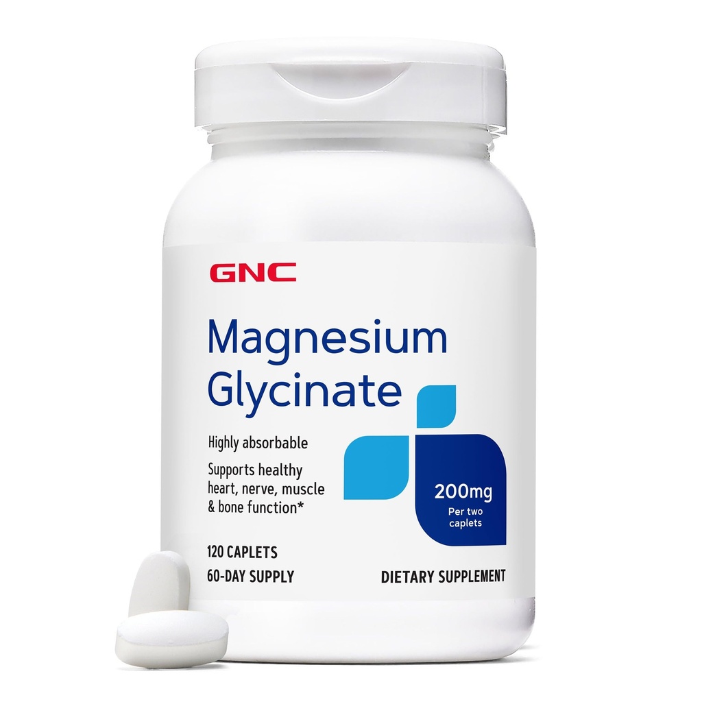 GNC Magnesium Glycinate, Dietary Supplement for Men & Women, Supports Heart, Nerve, Muscle & Bone Function, Highly Absorbable, Gluten Free, No Artificial Colors, Vegan, No Soy, 200mg, 120 Caplets