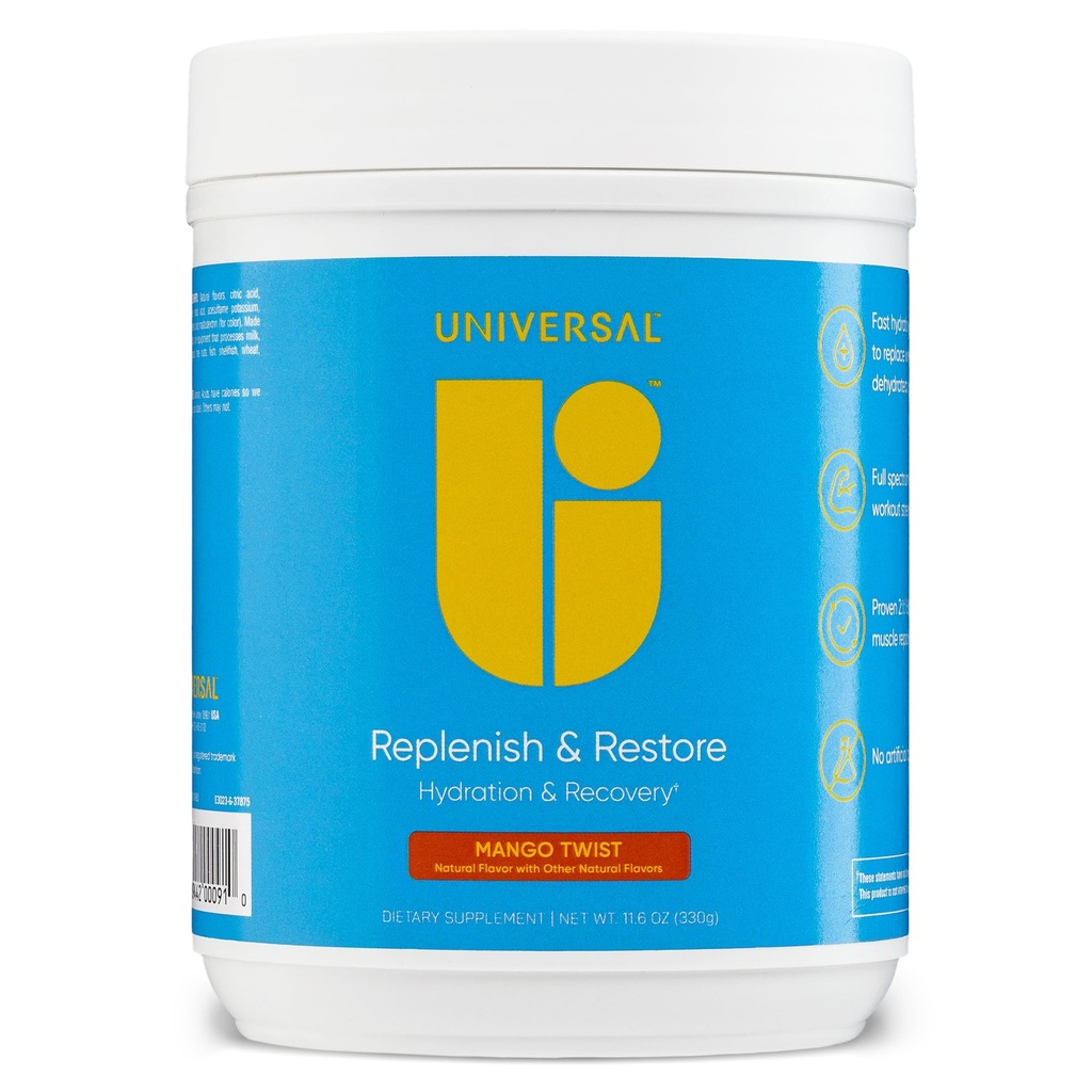 Universal U Replenish & Restore Powder, Hydration & Recovery, fremmer muskel reparation og vækst, Custom Dosing, L- Lysin, L- Glutamin, L- Tryptophan, Ingen kunstige flavors, 30 Serveringer (Mango Twist)