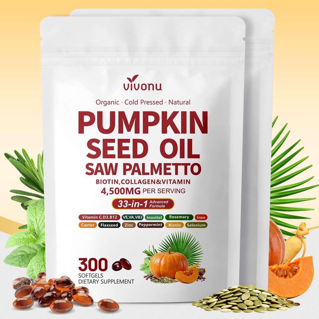 VivoNu Pumpkin Seed Oil with Saw Palmetto Capsules | 4500mg | 300 Count| 33 in 1 Vitamin C D3 B12 E A, Castor, Zinc, Biotin, Iron, Peppermint | Hair Growth & DHT Blocker for Women Men (600count/2Bags)