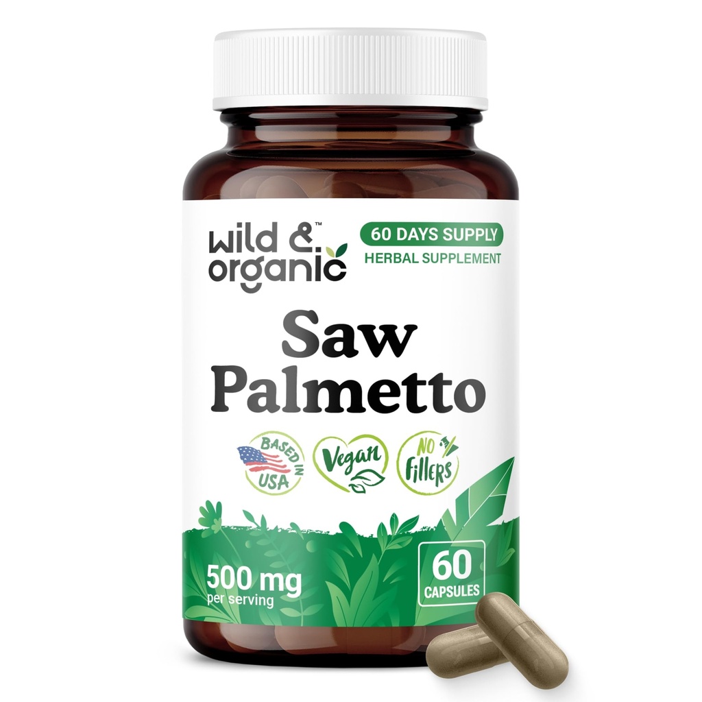 Wild & Organic Saw Palmetto Capsules 500 mg - Urinary Tract Support for Men & Women - Pure Saw Palmetto Powder Supplement - Serenoa Repens Berries - 60 Days of Supply - Vegan, Non-GMO - 60 Count