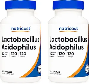 Nutricost Lactobacillus Acidophilus 10 Millioner CFU, 120 Veggie kapsler - Probiotisk (2 flasker)