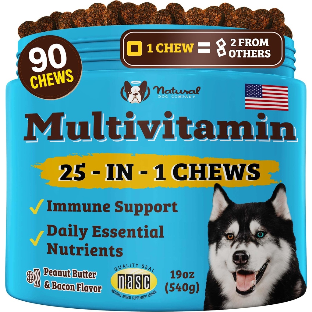 Natural Dog Company 25- in-1 Multivitamin Chews for Hunde - Daglige bløde Hund Vitaminer med antioxidanter, Zink & folinsyre - Understøtter Joints, Hud & Coat, Immun & Heart Health - Alle aldre, Alle racer