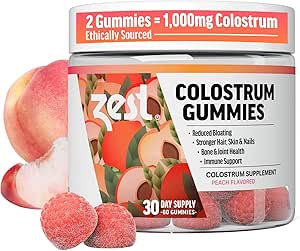 Zest Colostrum Supplement Gummy tyggegummi for voksne - Ethically Sourced High IgG for Hår Health, Gut, Immunity, Bloating, Skin & Nails - Keto & Gluten Free - Peach Flavor (60 Gummies, 1000 mg Colostrum)