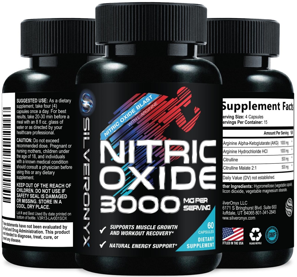 Ekstra styrke Nitrooxid Supplement 3X Styrke L Arginin, Citrullin Malat, AAKG, Beta Alanine - Premium Muscle Support Nitrogen Booster - Natural Energy & Heart Health Support - 60 kapsler