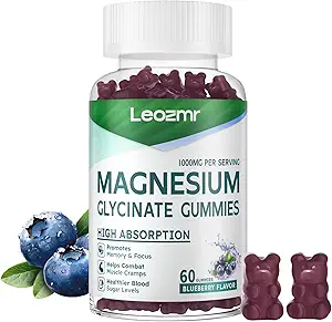 Magnesium Glycinate Gummies 1000mg - Sugar Free Magnesium Kalium Supplement med D-vitamin, B6, CoQ10 for Calm Mood & Sleep Support - 60 Blueberry Gummies