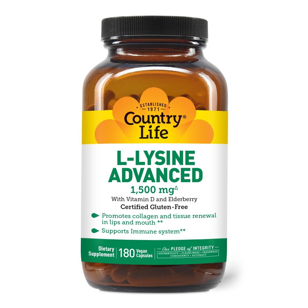 Country Life L- Lysin 1500mg kapsler med D-vitamin & hyldebær - Avanceret immunforsvar og collagen fornyelse - Certificeret Gluten- Free & Vegan - 180 kapsler