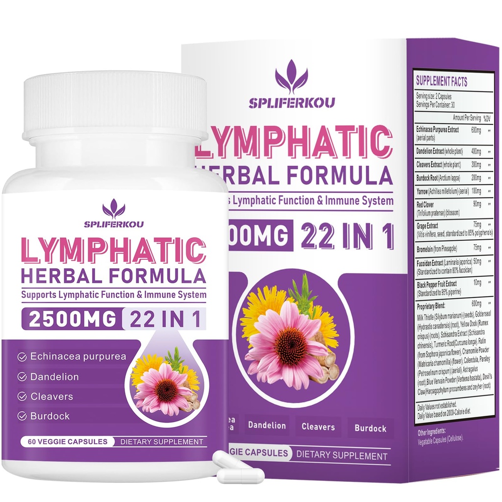 Lymphatic Drainage Supplements, Herbal Lymph System Support Supplement with Echinacea, Dandelion, Burdock Root, Cleavers & More - Non GMO, Gluten Free - 60 Capsules