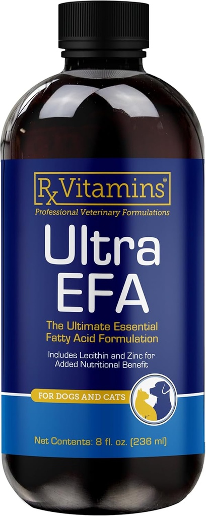 Rx Vitaminer Ultra EFA Omega 3 Fish Oil for Dogs & Cats - fremmer hjerte, hjerne og fælles sundhed med E-vitamin, biotin og zink - Flydende fiskeolie til Itch Relief, Dog Shedding, Coat Health - 8 oz