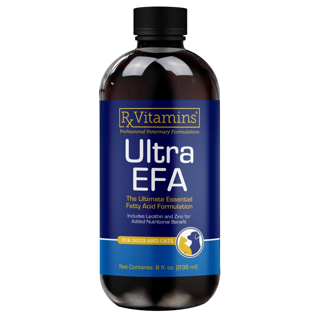 Rx Vitaminer Ultra EFA Omega 3 Fish Oil for Dogs & Cats - fremmer hjerte, hjerne og fælles sundhed med E-vitamin, biotin og zink - Flydende fiskeolie til Itch Relief, Dog Shedding, Coat Health - 8 oz