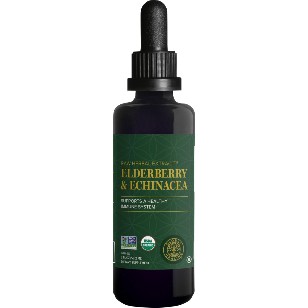 Global Healing USDA Organic Elderberry & Echinacea Liquid Supplement Tincture Note 124; Antioxidant immunforsvar mod skadelige organisationer for voksne og børn, Vegan, Non- GMO, 1- måned Supply (2 Oz)