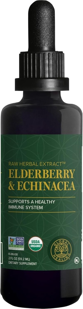 Global Healing USDA Organic Elderberry & Echinacea Liquid Supplement Tincture Note 124; Antioxidant immunforsvar mod skadelige organisationer for voksne og børn, Vegan, Non- GMO, 1- måned Supply (2 Oz)