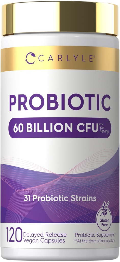 Carlyle Probiotics for Women and Men | 60 Billion CFU | 120 Capsules | 31 Probiotic Strains with Prebiotic | Non-GMO & Gluten Free Supplement