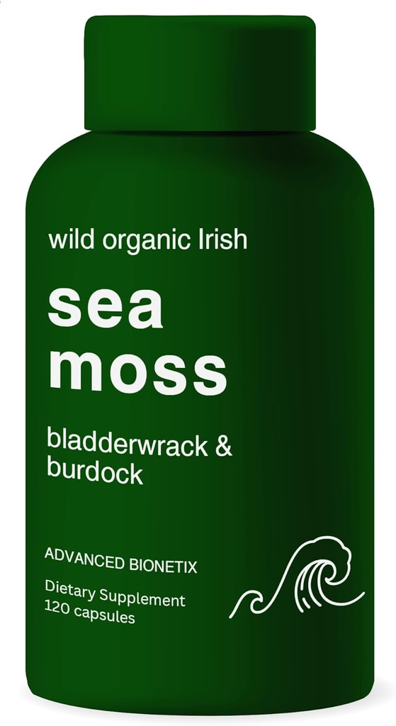 Organic Irish Sea Moss Capsules, Raw Wildcrafted Seamoss Enhanced w / Bladderwrack & Burdock Root Capsules 120 Total Pills Antioxidant Pakket. Prebiotic Superfood, Thyroid Support