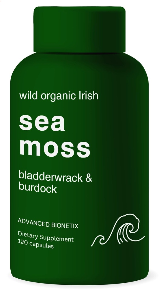Organic Irish Sea Moss Capsules, Raw Wildcrafted Seamoss Enhanced w / Bladderwrack & Burdock Root Capsules 120 Total Pills Antioxidant Pakket. Prebiotic Superfood, Thyroid Support
