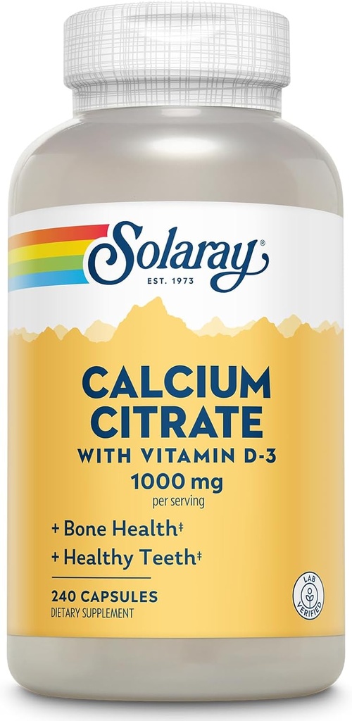Solaray Calcium Citrate w/Vitamin D3 1000mg, Healthy Bones & Teeth, Heart, Muscle & Nerve Support, 60 Serv, 240 VegCaps